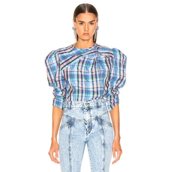 Isabel Marant Esmee Twisted Plaid Puff Shoulder Blouse in Blue Pink Green‎ - Picture 2 of 14